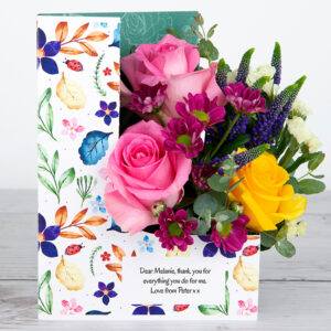 Flowercard with Purple Veronica, Pink Roses, Lemon Statice and Eucalyptus