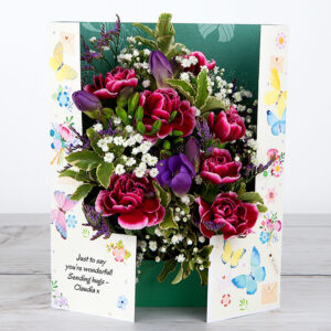 Lilac Freesias and Bi-Purple Spray Carnations with Lilac Limonium and Gypsophila 'Thinking Of You' Flowercard