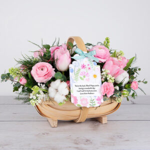 Mother's Day Flower Trug with Pink Ranunculus, Pink Tulips, Cotton Heads, Spray Carnations, Eucalyptus and Tree Fern