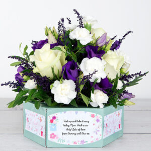 Mother's Day Flowerbox with White Roses, Lisianthus, Spray Carnations, Solidago and Pistache