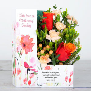 Mother's Day Flowercard with Roses, Spray Carnations, Hypericum and Eucalyptus Parvifolia