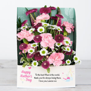 Mother's Day Flowercard with Spray Carnations, Veronica, Santini, Pittosporum and Chico Leaf