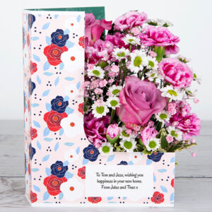 Personalised Flowercard with Dutch Roses, Santini Chrysanthemums, Gypsophila, Spray Carnations, Pittosporum and Ruscus Leaves
